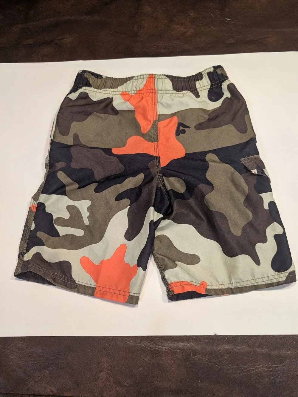 Kanu Surf Boys' Camo Swim Trunks in Olive, Black & Orange size 8